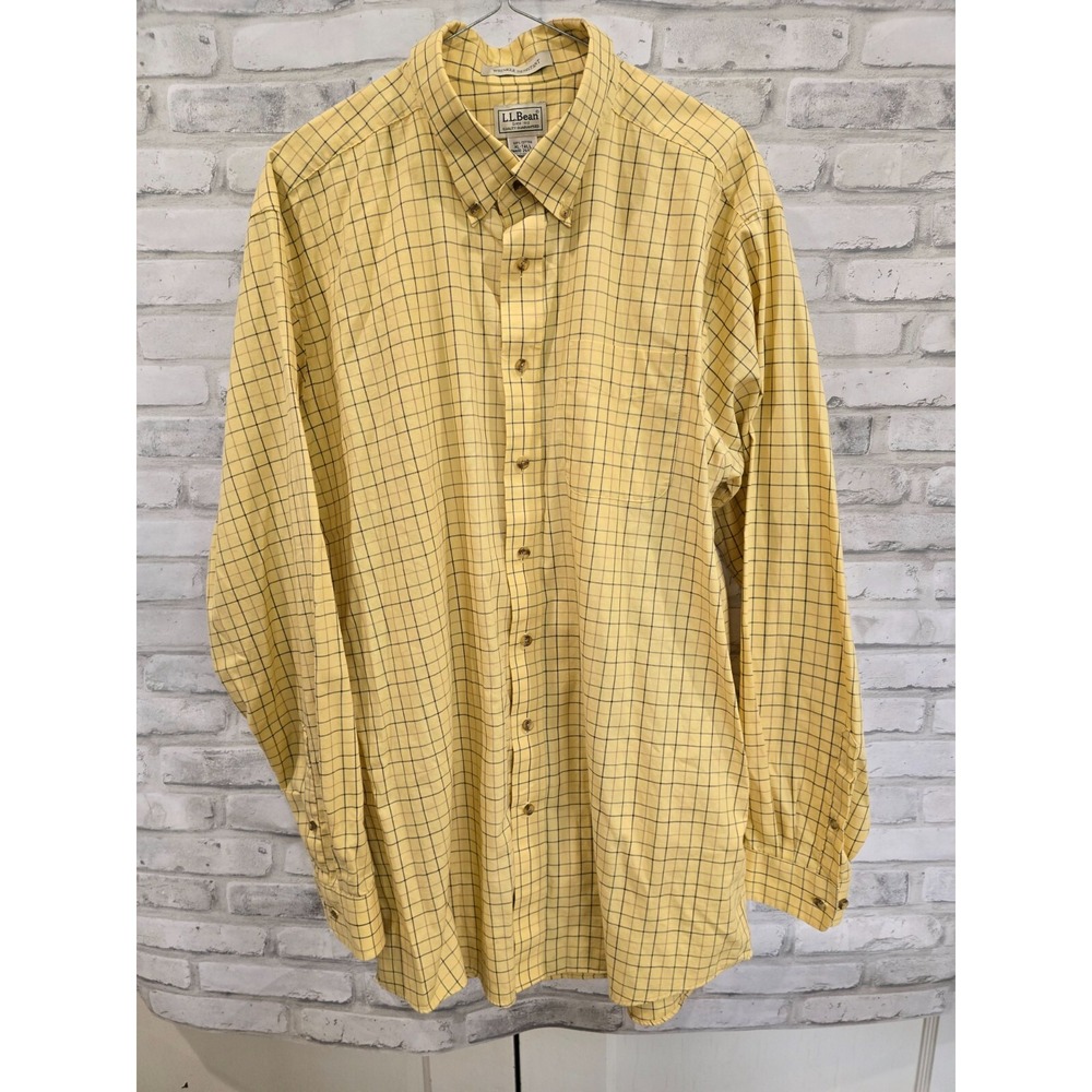 LL Bean Mens XL Tall Shirt Button Up Yellow Check Wrinkle Resistant Long Sleeve